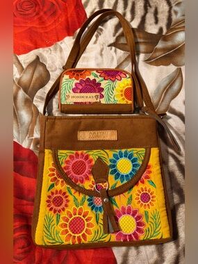 Embroidered Floral Brown Crossbody Bag - Yellow Floral Panel and wallet